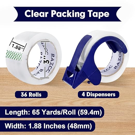 RAZCC Packing Tape, 36 Rolls Clear Heavy Duty Packaging Tape with Dispensers for Packing Shipping Moving Mailing, Thicker Sealing Tape - 1.88" x 65 Yard Per Roll, 2340 Total Yards