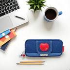 Haumei Canvas Pencil Case Large Capacity, Big Denim Pen Pouch with Zipper, Cute Durable Portable Stationary Storage Bag Organizer for Adults Women, Dark Blue, Apple