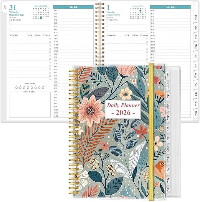 2026 Daily & Monthly Planner - One Page Per Day, Daily Planner from January 2026 - December 2026, Planner 2026 with 12 Monthly Tabs, 8.5" x 11", Flower-A