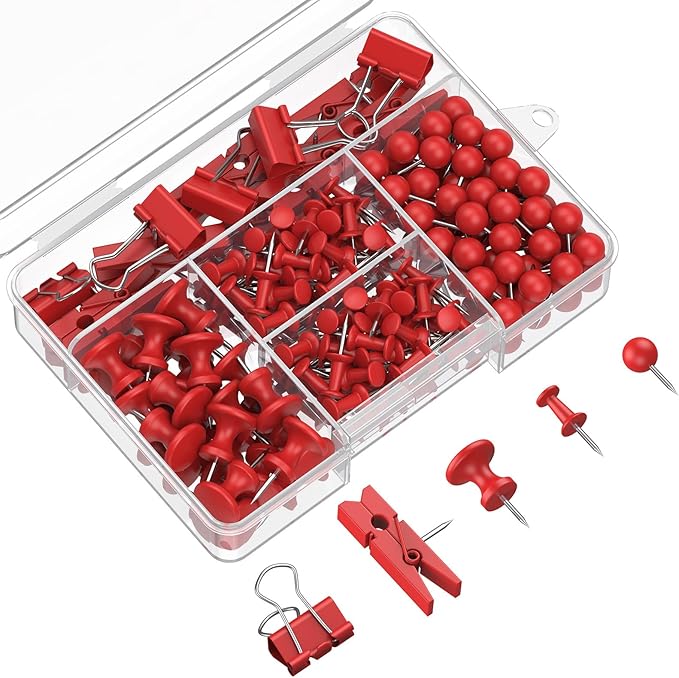 Uniclife 200 Pcs Thumb Tacks for Wall, Red Push Pins for Bulletin Board & Cork Board, Decorative Push Pins, Cute Thumbtacks Hooks Set for Pictures, Photos, Art & Decor, 5 Styles