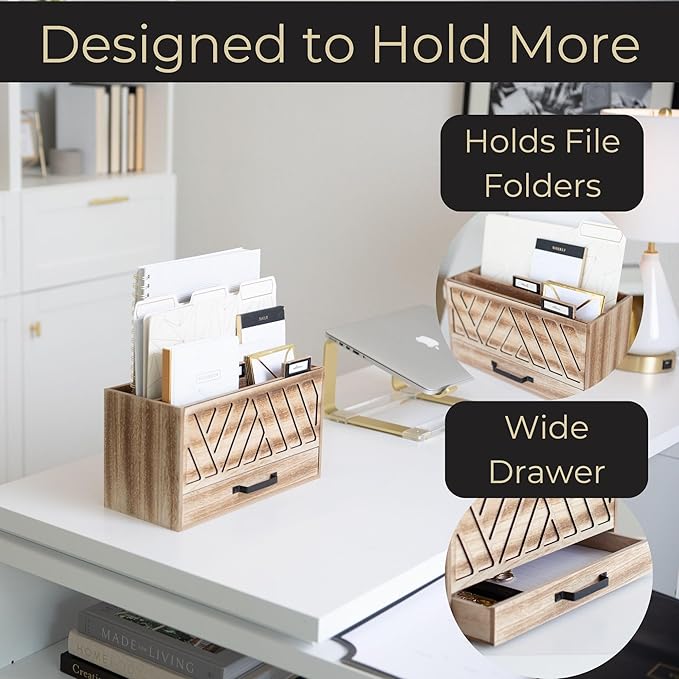 BLU MONACO | Natural Wood Desktop Mail Organizer with Drawer | Three-Tier Mail Sorter with Black Label Holders | Countertop Mail Holder & Document Storage for Home or Office