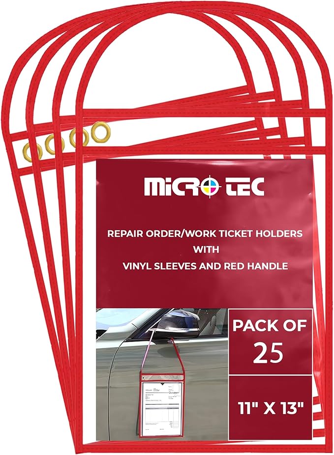 MICRO TEC Repair Order/Work Ticket Holders – Heavy-Duty Vinyl Sleeves with Red Handle – 11" x 13" for Automotive Repair Orders, Job Tickets, Documents – Pack of 25 – Clear w/Red Handle