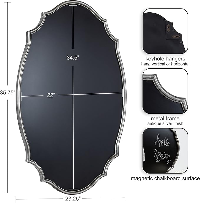 Kate and Laurel Leanna Decorative Scalloped Metal Chalkboard; 24 x 36; Silver; Framed Rounded Oval Vintage Chalkboard for Unique Display; Organization; and Decor