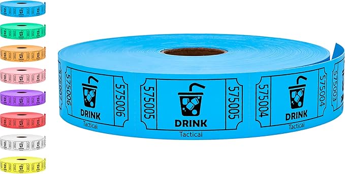 Tacticai 1000 Raffle Tickets, Drink, Blue (1 of 8 Colors), Single Roll for Events, Entry, Class Reward, Fundraiser & Prizes