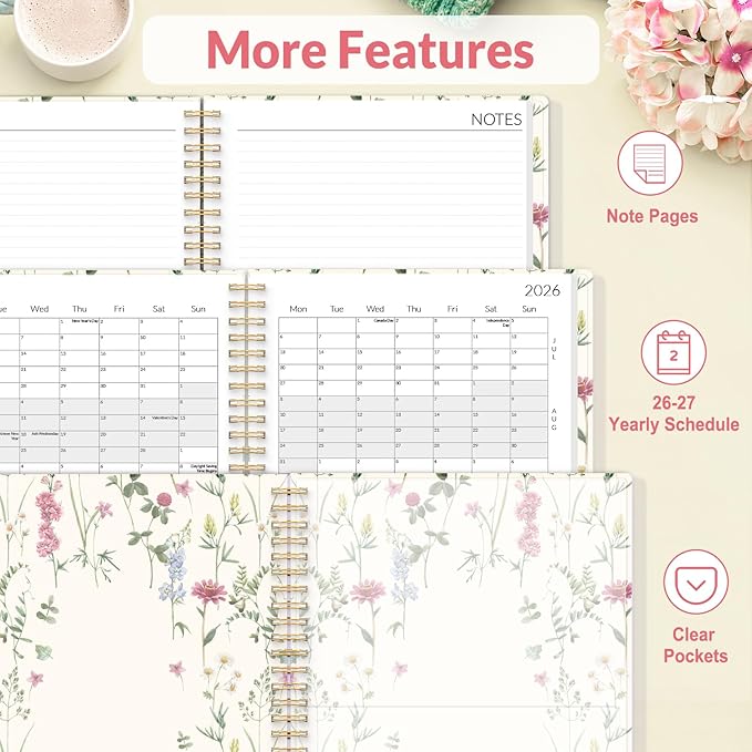 SUNEE 2026-2027 Planner - 24 Months (Jan 2026 - Dec 2027) - 7"x10" Monthly Spreads & Yearly Planner, Wildflowers