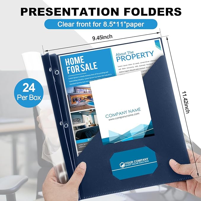Teling 24 Pcs Clear Front Report Covers with 3 Prongs, Plastic Navy Blue Presentation Folders Bulk with 3 Pockets for A4 and Letter Size Paper, 90 Sheet Capacity, Document Covers for School Business