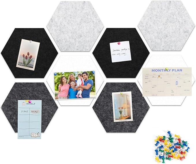 Uoisaiko 12" Large Bulletin Board with 30 Push Pins, Pack of 8 Hexagon Felt Pin Board Notice Boards for Home Office Kitchen, Felt Wall Tiles for Photos Memos