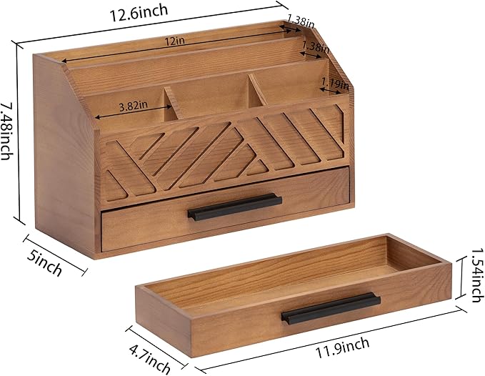 dreampossible Brown Wood Desk Organizer and Accessories with Drawer, Bill Mail Organizer and File Mail Holder for Office Supplies, Modern Desk Accessories & Workspace Organizers for Desk Organization
