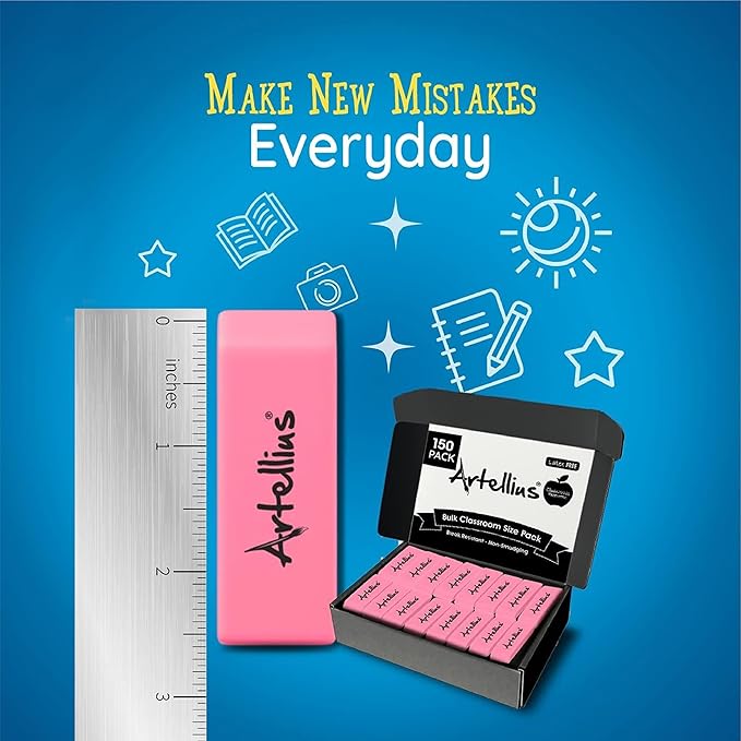 Artellius Teacher Supplies Erasers - Pink, Large 150-Count - Pencil Erasers for Kids & Classroom Use