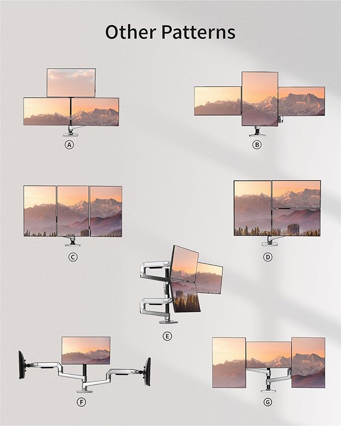 Ergounion Triple Monitor Mount, Holds Screens up to 40 Inches and 25 lbs, Fully Adjustable 3 Monitor Desk Mount with C-Clamp and Grommet Base, Aluminum, Silver