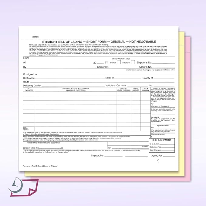 NextDayLabels - Short Form Straight Bill of Lading, 8-1/2 x 7", 3 Part NCR Carbonless White/Canary/Pink, 200 Sets