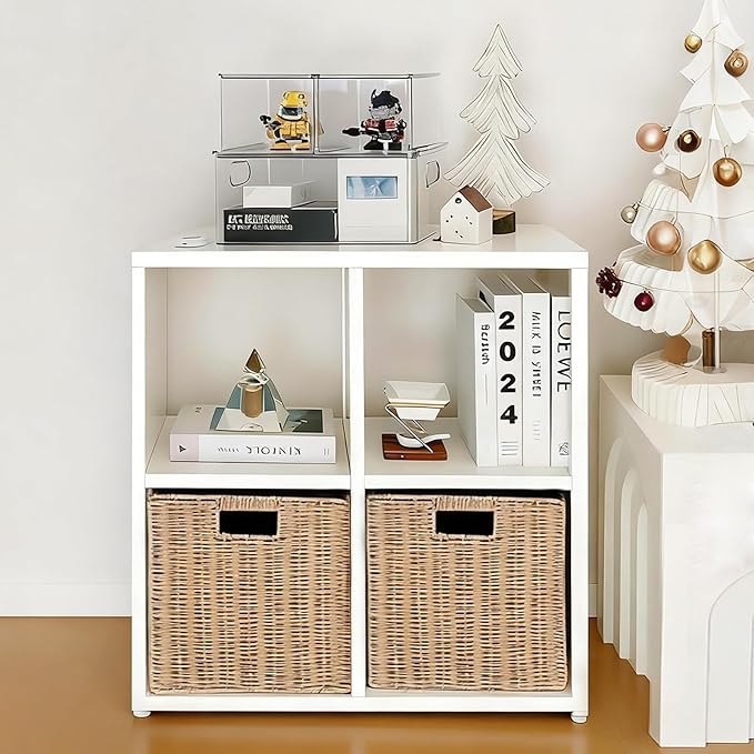 IRONMIX Metal 4 Cube Storage Organizer with 2 Storage Basket, Short Bookshelf with Storage, Horizontal Bookshelf, 2 Tier Open Bookcase Cube Shelf for Home Office Library (White, 700 with Basket)
