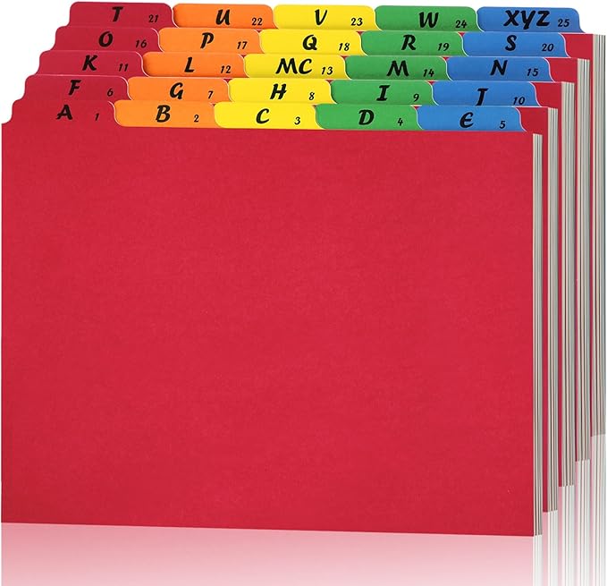 Noveread 1 Set 25 Alphabet File Dividers A-Z Tab Letter Size 1/5 Cut Tab Positions Alphabetical Number File Folder Organizer Guides Cabinet and Desk Dividers for School Office (Rainbow Colors)