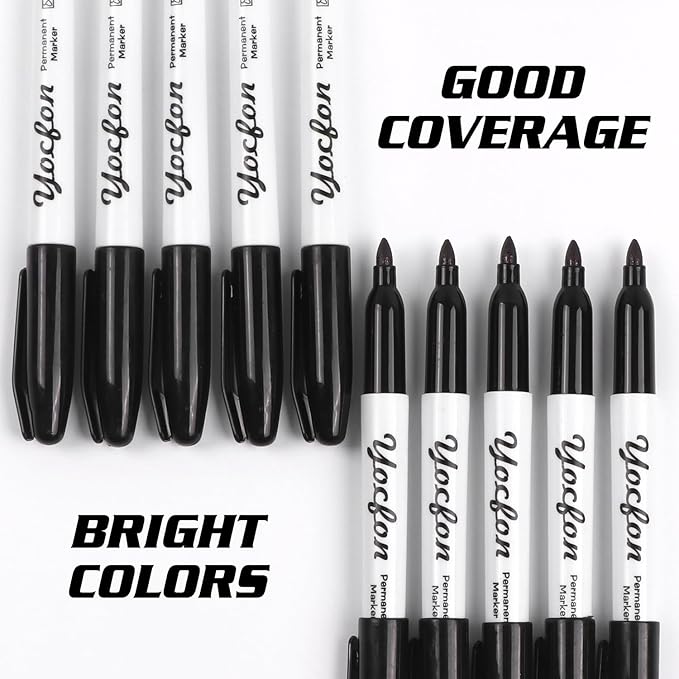 Yocfon Permanent Markers, 72 Count Black Permanent Markers Set, Fine Tip, Waterproof Markers, Works On Plastic, Wood, Stone And Metal For Doodling, Marking