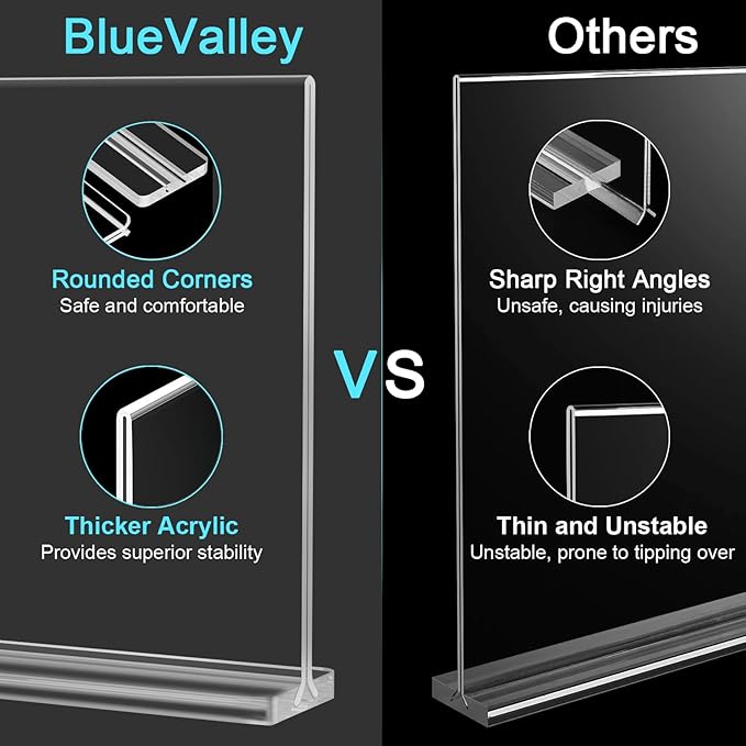 BlueValley Clear Plastic Flyer Sign Holder 8.5 x 11 Standing, 6Pack Horizontal Table Top Acrylic Brochure Menu Signs Holder, Double Sided Plexi Picture Photo Frame Lucite Paper Display Stand for Office Retail Vendor Show Fairs