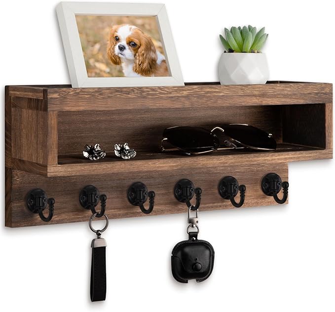 Lucundm Key and Mail Holder Wall Mount, Key Hanger with Long Storage Box and 6 Hooks for Coat, Dog Leash, Home Decor Rack, House Accessories, Entry Way Organizer (Brown)