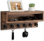 Lucundm Key and Mail Holder Wall Mount, Key Hanger with Long Storage Box and 6 Hooks for Coat, Dog Leash, Home Decor Rack, House Accessories, Entry Way Organizer (Brown)
