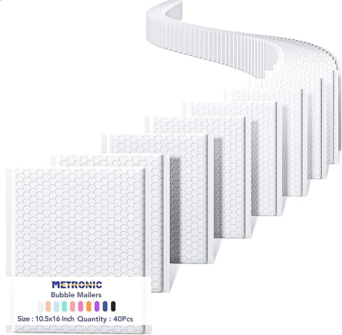 Metronic 40 Pack Bubble Mailer, 10.5x16 "Padded Envelopes, Strong Adhesion Bubble Mailers White Large Shipping Mailing Envelopes for Small Business,Books,Clothes, Bubble Mailers Usable Size 10.5x15