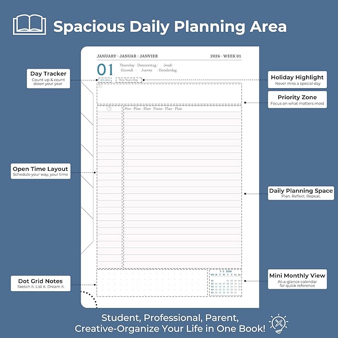 IN-luxpro Daily Planner 2026 with One Page Per Day,(A5-8.5" x 5.9"),12 Months Calendar Hourly Appointment Book Monthly Tabs & Self-adhesive Pen Holder,Inner Pocket, Vegan Leather Hardback,Blue