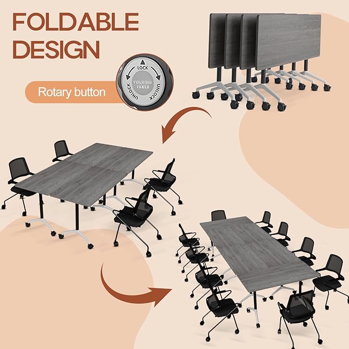 Folding Conference Table 4ft 5ft, Foldable Office Meeting Desk for 6 People, Multiple Sizes Colors Mobile Conference Room Table for Training Room School Business Furniture (2, Grey, 63in)