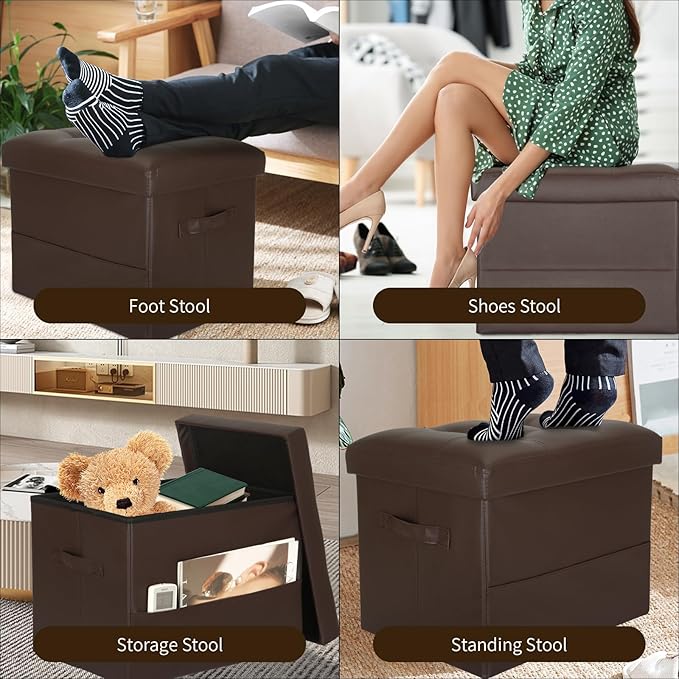 BelugaHelper Storage Ottoman Foot Rest Stool, Foldable Leather Footstool Storage Bench with Thicker Foam Padded Seat. Foot Rest Under Desk for Living Room Bedroom 350 lbs, 17x13x13 in, Brown