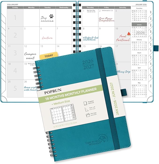 POPRUN Monthly Planner 2026-2027 (Medium 6.5" x 8.5") 18 Months Calendar Book(Jan 2026 - Jun 2027) - 4 Pages per Month with Expense & Notes, Stair-like tabs, Leather Cover, Sunday Star-Pacific Green