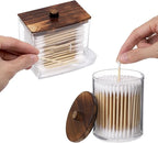Tbestmax Qtips Holder Bathroom Container, 10 OZ Cotton Ball/Swabs Dispenser, Apothecary Jar Organizer for Storage Brown Wood Lids
