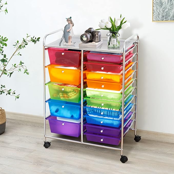 GLACER 15 Drawers Rolling Cart, Storage Cart with w/Removable Drawers & Steel Frame, Multipurpose Organizer Cart w/Sleek Handle, Utility Cart on Lockable Wheels for Home, School, Office (Rainbow)
