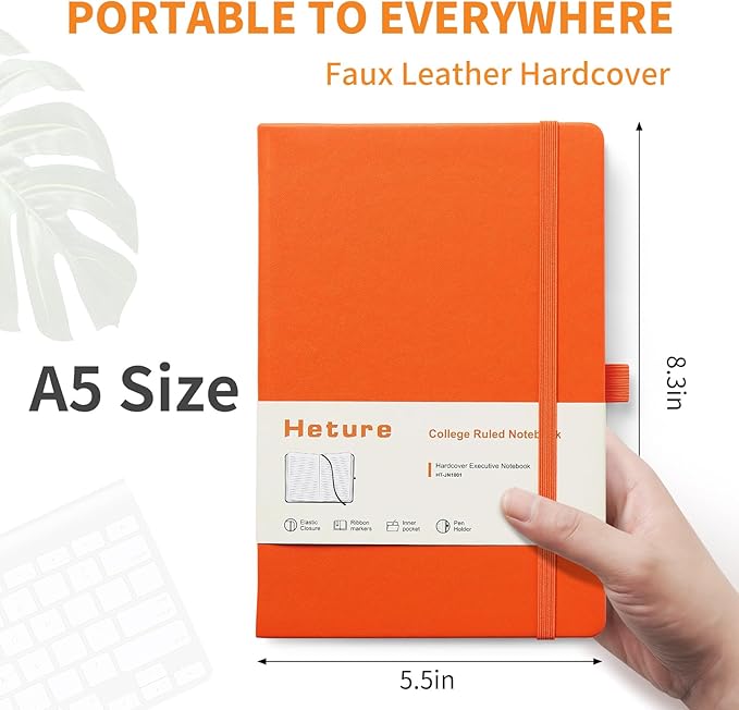 Heture Hardcover Notebooks, A5 Lined Journals Notebook for Writing 160 Pages, 8.2 x 5.5 inch, Classic Ruled Notebooks for College/Work/Travel (Orange, 1 Pack)