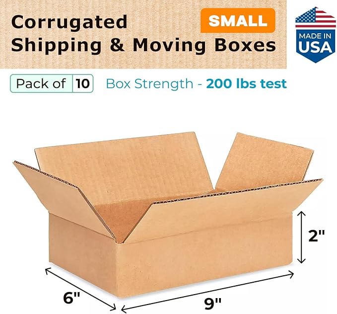 Small Moving & Shipping Boxes 9x6x2 inches (10-Pack) - Extra Strength 200 lb vs Regular - Corrugated Cardboard Boxes for USPS/UPS/FEDEX - Packaging Box - Small Shipping Box by IDL Packaging