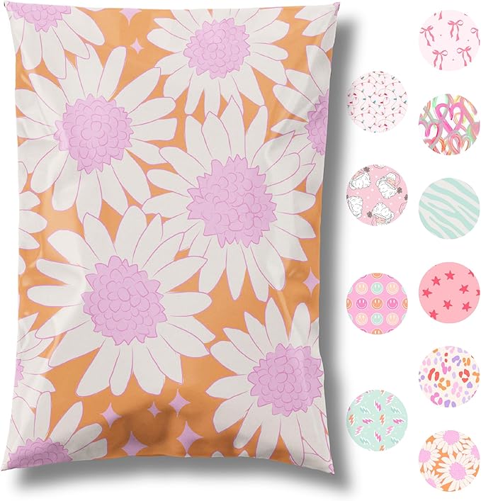 Pretty Package Store 14.5x19 Designer Poly Mailer 100 Pack Heavy Duty Waterproof Self Seal Shipping Bags for Small Business Large Mailing Envelopes Bulk Tear Resistant Packaging Pink Blooms Flowers