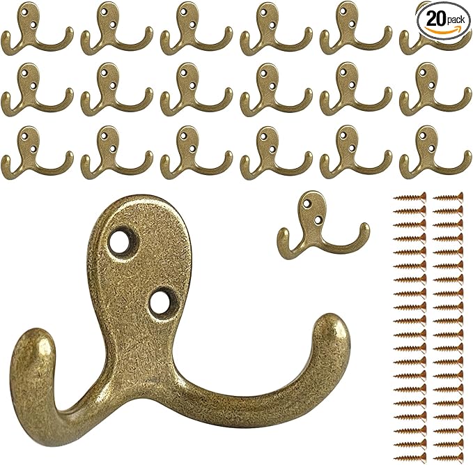 CBWLWJ 20 Pack Coat Hooks Wall Hooks for Hanging, Heavy Duty Double Prong Metal Hook Wall Mounted for Living Room, Bathroom, Kitchen, Bedroom for Coat, Bag, Scarf, Towel, Hat, Key, Cup (Bronze)