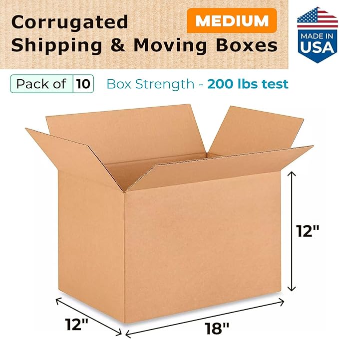 Medium Shipping & Moving Boxes 18x12x12 inches (10-Pack) - Extra Strength 200 lb vs Regular - Corrugated Moving Box, Made in USA - Strong Cardboard Packing Box - Heavy Duty Box by IDL Packaging