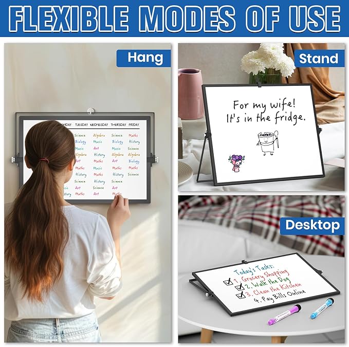Grtard Dry Erase Magnetic White Board, 16''x12'' Double-Sided Desktop Whiteboard with Stand, Portable Small Whiteboard Set, Dry Erase Board for to-Do Lists, Drawing, Office, Home(Black)