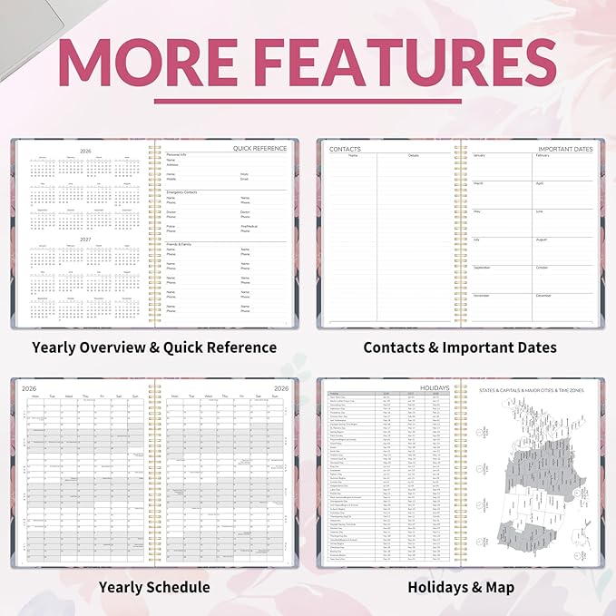 GNL 2026 Planner, Weekly and Monthly Planner (January - December 2026), 8.5" x 11" Monthly Agenda Planner with Waterproof Flexible Cover, Spiral Binding Notebook with Tab, Pockets, Bookmark, Floral