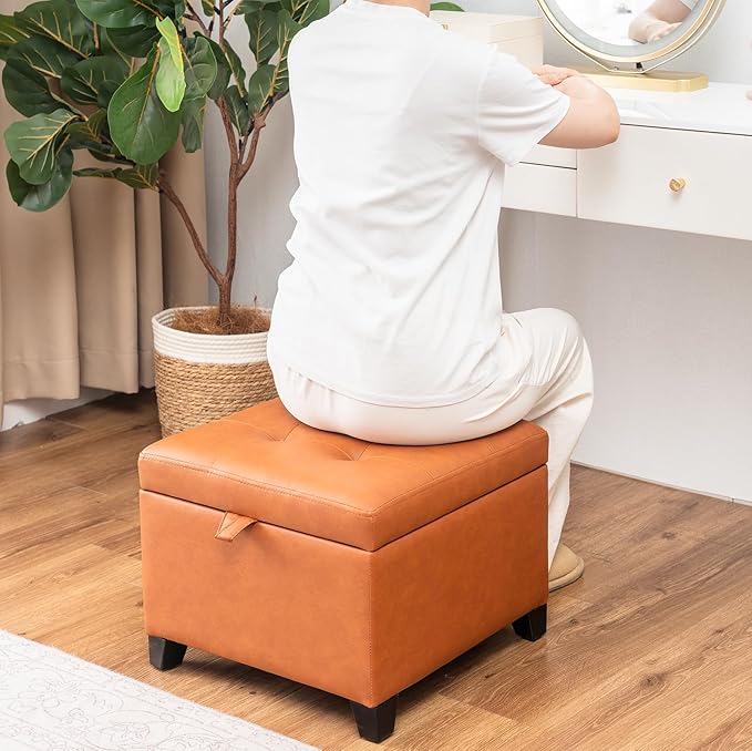 Asense 17 Inch Storage Ottoman Foot Rest,Square Faux Leather Foot Stool,Small Ottoman with Storage,Padded Seat for Entryway,Living Room,Bedroom,Couch,Under Desk,Brown