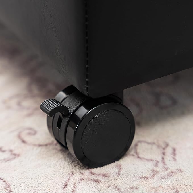 Adeco Modern Leather Ottoman with Wheels, 18.8" Black Square Rolling Ottoman with Storage, Upholstered Button Tufted Vanity Stool with Hinged Lid for Living Room, Bedroom, Dorm