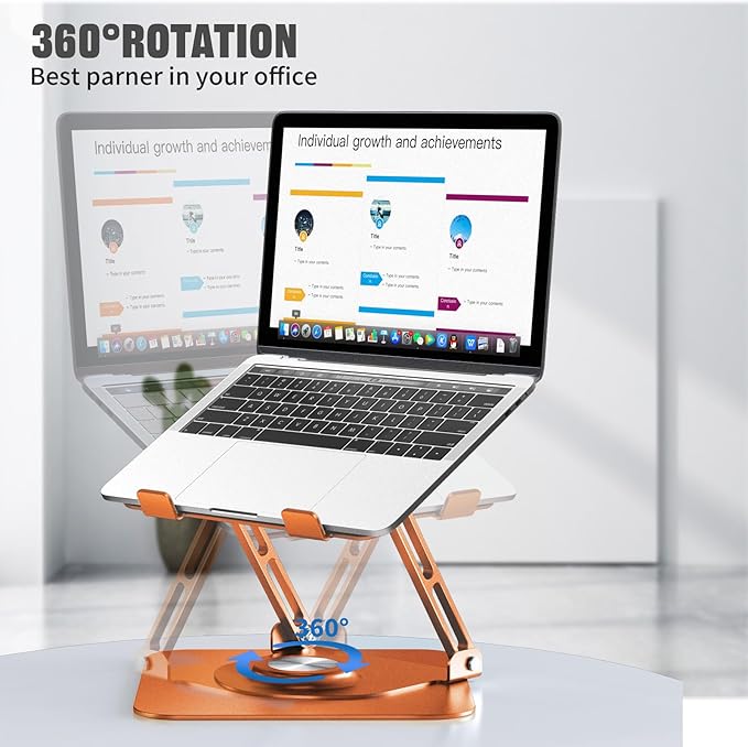 JOYEKY Laptop Stand for Desk, Adjustable Computer Stand with 360° Rotating Base, Ergonomic Laptop Riser for Collaborative Work, Foldable & Portable Laptop Stand, fits for All 10-16" Laptops (Orange)