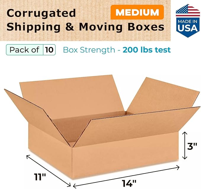 Medium Moving & Shipping Boxes 14x11x3 inches (10-Pack) - Extra Strength 200 lb vs Regular - Corrugated Packaging Boxes for USPS/UPS/FEDEX - Medium Box - Heavy Duty Box by IDL Packaging