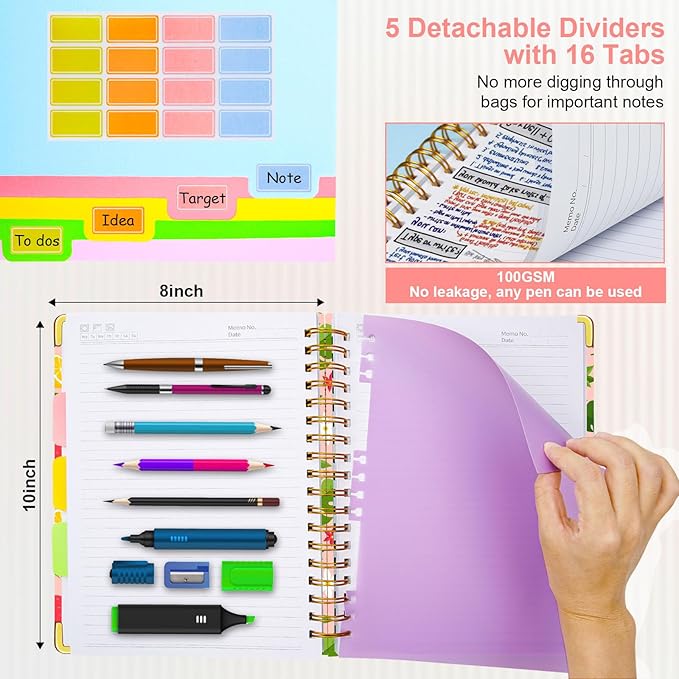 Spiral Journal Notebooks for Work, 300 Pages 5 Subject Notebook College Ruled with Dividers & Tabs, 8''x 10'' Large Notebook Journal for Women Students Note-Taking and Organizer (Pink Floral)