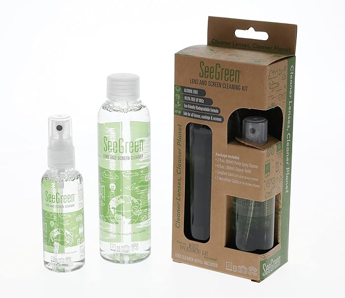 SEEGREEN Lens and Screen Cleaning KIT | Eyeglass, Sunglass and Screen Cleaner | 2oz Spray CLEANER/6oz Refill, (2) Microfiber Cleaning Cloths and (1) SLIPCASE | 8oz Care KIT