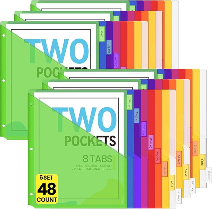 Sooez 48 Count Dividers with Pockets, 8 Tabs Binder Dividers for 3 Ring Binders, Binder Dividers with tabs, Binder Divider with Pockets for US Letter Size, Insertable Big Tabs, Multicolor, Set of 6