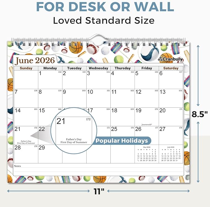 Cranbury 2026 Wall Calendar 12 Month, 8.5x11 Small Calendar for Wall or Desk, Thick Paper, Bonus Stickers and Note Sections, Monthly Seasonal Design, 2026 Planner 8x11