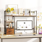 Desk Shelf with Drawer, 41.3" Desktop Organizer Shelf, Desk Hutch for Computer Monitor Max 32", 3 Tier Desktop Display Rack, Wooden Desk Top Bookshelf Storage Rack for Home Office Dorm, Rustic Brown