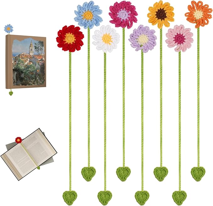 Crochet Bookmarks for Women & Book Lovers, Cute Flower Page Markers for Teachers Students, Handmade Reading Gifts for Valentine's Day, Easter, Teachers' Day, Graduation, Mother's Day, Birthdays (8)
