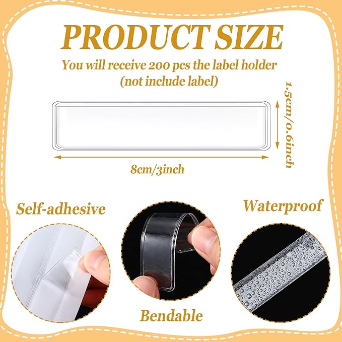 Jeyiour 200 Pcs Label Holders Adhesive Nameplate Pockets Storage Bin Labels Index Card Holder Shelf Plastic Peel Stick for Classroom Supermarket Bookshelf Library Student Box Drawer (3 x 0.6 Inch)