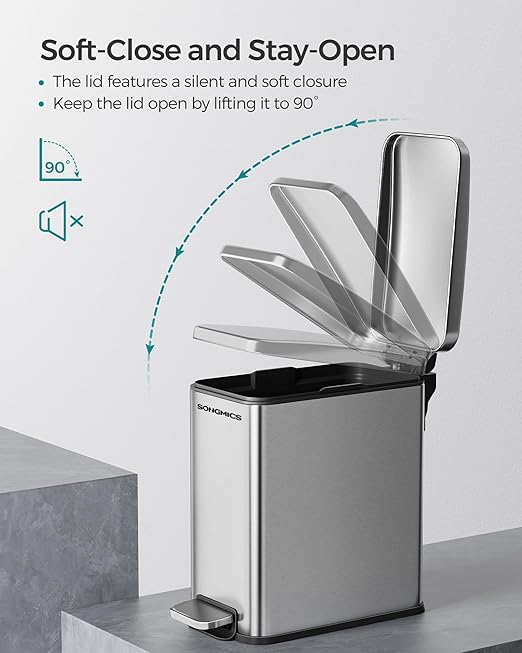 SONGMICS Bathroom Trash Can, 2.6 Gallon (10 L) Small Trash Bin with Lid, Slim for Small Spaces, Stainless Steel Garbage Can, Soft Close, Silver ULTB561E10