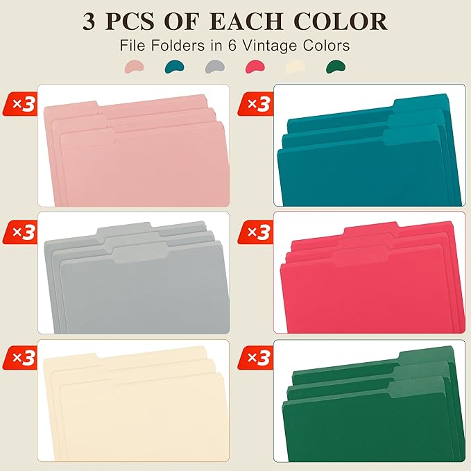 Color File Folders, 1/3-Cut Tabs, Letter Size, Assorted Colors Organizer File Folders for School Home Office Business (18, Assorted Colors)