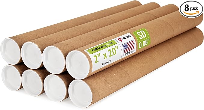 2" x 20" Reinforced Kraft Paper Mailing Tubes, Pack of 8 Tubes with 2 Caps Each – USPS Approved Poster Tube – Made in USA Cardboard Tube for Shipping and Storing Posters, Prints, Artwork, or Documents