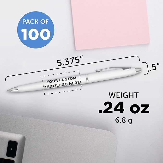 DISCOUNT PROMOS Custom Langham Ballpoint Ink Pen - Set of 100 Writing Pens for Work - Cool Pens for Writing, Black Ink, White